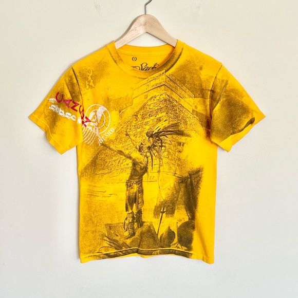 Vintage Y2K Sacbe Chichen Itza Mayan Shaman All Over Yellow T Shirt Adult S - Picture 2 of 10